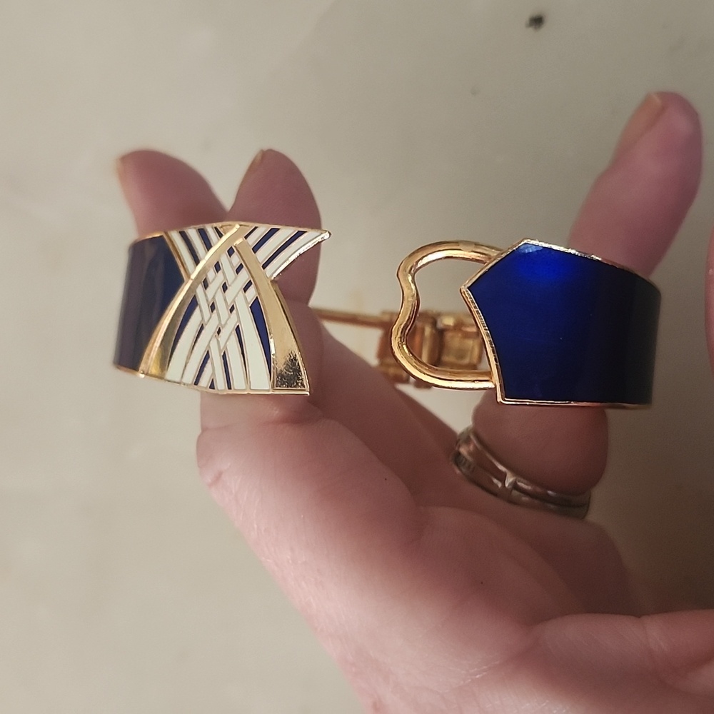 Enamel Art Deco Blue & Goldtone Bangle Bracelet Marked Dami Ls View 3